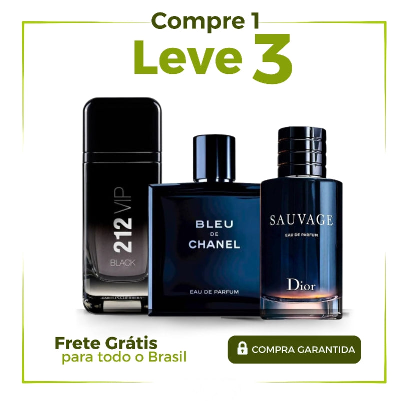 Kit 3 Perfumes Masculinos Importados (100ml cada) - Sauvage Dior l Bleu de Chanel l 212 VIP Black [ ÚLTIMAS UNIDADES PARA REVENDA)